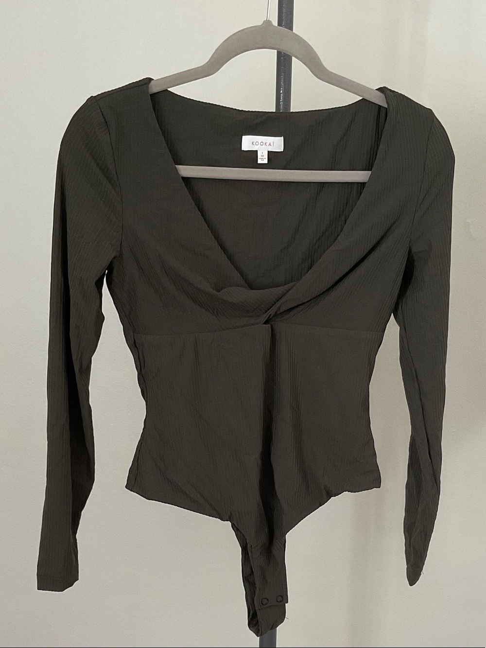 Kookai Dark Olive Draped Neck Long Sleeve Bodysuit